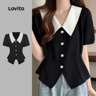 Lovito Casual Blouse Button Spring/summer Black Blouse for Women L170LD070 Lovito Blaus Kasual Butan