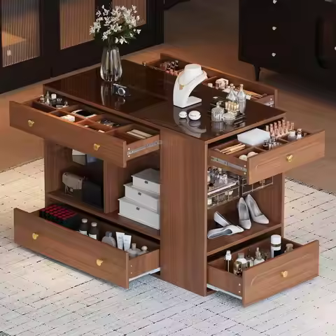 47.3 Walnut Movable Closet Island with Glass Top, 6 Drawers, Open Shelves, and Walk-in Storage Vanit