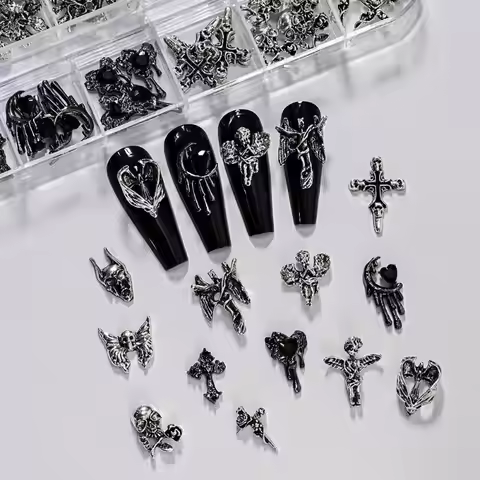 12Grid Vintage Cross Nail Art Charms Y2k Metal Style Alloy Cross Skeleton Angel Nail Decorations Acc