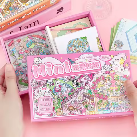 Creative cartoon 3D landscape sticker book PET mini cabin scene sticker DIY sticker cabin scene stic