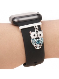 1入時尚金屬和鑽石貓頭鷹手錶帶吊飾環，兼容蘋果手錶帶配件和Galaxy手錶系列，手錶帶吊飾禮品