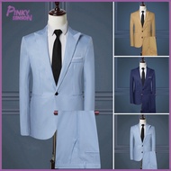 2Pcs/Set Men Business Workwear Lapel Long Sleeve Single Button Suit Coat Pockets Suit Pants Set Soli