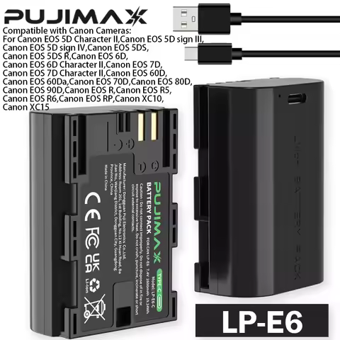 PUJIMAX 2600mAh LP-E6NH LP E6NH LP E6 Battery with Type-C Input For Canon R7 R5 R6 R 5D IV/III/II 6D