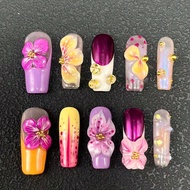 10 Pieces Of Handmade Nail Flower Pressing 33mm Square Nails In Multiple Colors, French Gradient Han