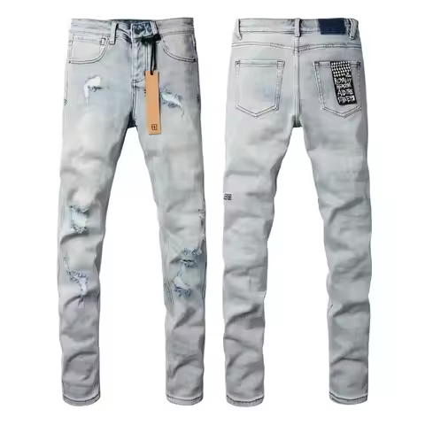 KSUBI New Cross Jeans Men Fashion Trend Light Blue Stretch Skinny Denim Long-pants Daily Casual Ripp