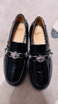TOGA PULLA Black Patent Leather Loafers with Chain Detail