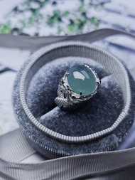 財水|男設計款龍戒|A貨翡翠高冰玻深晴藍大蛋面純銀簍空男戒指
