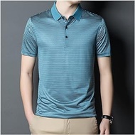 WZHZJ Men's polo shirt short-sleeved summer cool t-shirt cotton striped business clothes Korean polo shirt (Color : Blue, Size : L code)