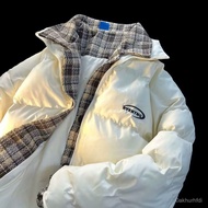 Down Jacket Men Autumn Winter American Street Wear Retro High Stitching Plaid Lapel Cotton Women Cou