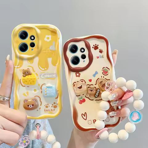 3D Cartoon Cute Bear Bracelet Phone Case For Xiaomi Redmi Note 12 4G 5G 11 10 8 9 Pro Max 9A 9T 9C C