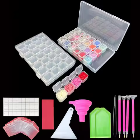 28 Grids Diamond Painting Tools Storage Box with Funnel Sticker Pen Diamond Painting Embroidery Acce