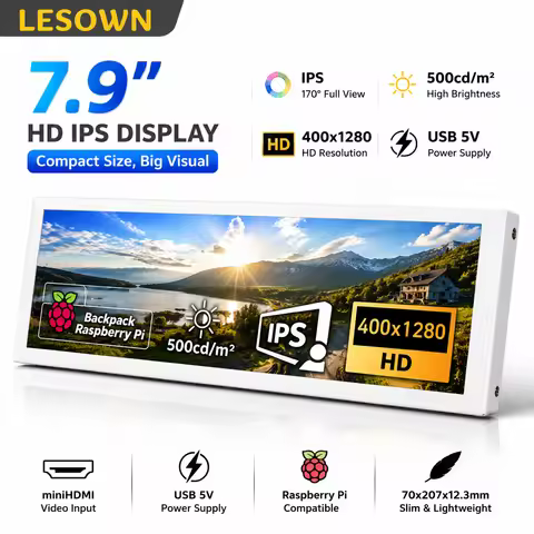 LESOWN 400x1280 PC Hardware Status Display 7.9' Stretched White Monitor MiniHDTV Aluminum Sub Screen