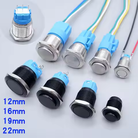 Metal Push Button Switch 12/16/19/22mm No LED Start Stop On/Off Waterproof Momentary Latching Power