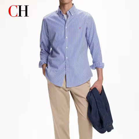 CH Metal Logo Stripe Long Sleeve Shirt Men Button Down Collar Straight Fit Minimalist Chic Versatile