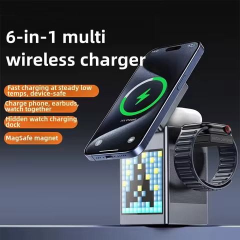 6 in 1 Magnetic Wireless Charger Stand Bluetooth Speaker Alarm Clock for Magsafe iPhone 16 15 14 Pro