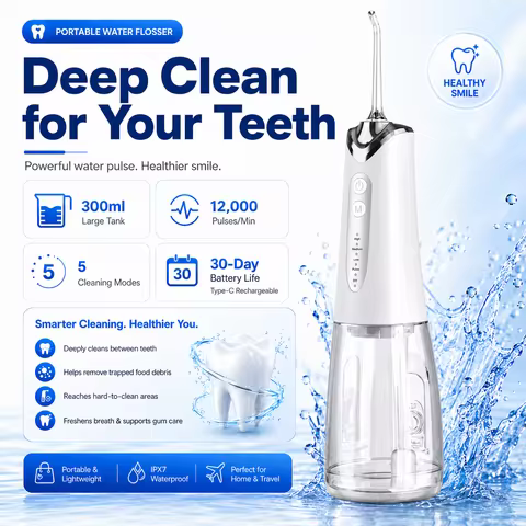 Portable Wireless Water Flosser 300ml Oral Irrigator 5 Modes 4 Nozzles IPX7 Waterproof Deep Cleaning