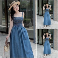 Đầm Jean QC hai dây bo chun nhún thân dáng dài xòe bồng xinh xắn dễ thương tone màu nhẹ nhàng sang c