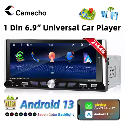 Camecho Carplay Android Auto 1 Din Car Radio 6.9" 2.5D IPS Screen Android 13 Multimedia Player 2+64G