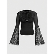 Gothic Cross Lace Trim Mesh Patchwork Flare Sleeve Top / Gothic Lace Flare Sleeve Top / Burn the Ear