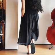 黑色豎條紋褶皺肌理面料 大闊形百搭舒適寬鬆闊腿裙褲