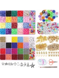 Cuentas de Arcilla para Hacer Joyas, Cuentas Redondas Planas de Arcilla Polimérica con Colgante, Cuentas de Letras con Cara Sonriente y Elástico para Hacer Pulseras, Kit, Collar, Pendiente, Bricolaje, 24 Colores, 6 Mm