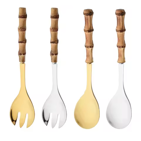 Wooden Handle Stainless Steel Salad Spoon Fork Long Handle Serving Spoon Bamboo Handle Large Spork T