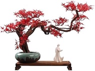 Home Office Artificial Bonsai Tree Chinese-style Root Carving Crafts Ornaments Zen Artificial Red Maple Fake Bonsai Home Decoration Ceramic Flower Pot Artificial