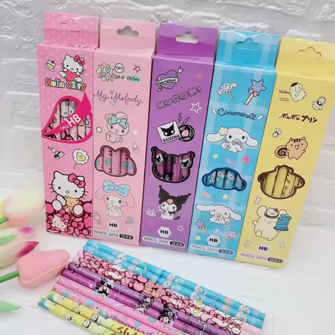 Hello Kitty Kuromi Pencil Case Set Cute Cartoon-Style Solid-Color 2B Pencils 12-Pack HB Writing Penc