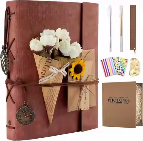 New DIY Leather Scrapbook Photo Album,60 Pages Self Adhesive+40 Pages Kraft Paper DIY Photo Book for