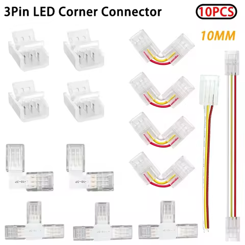10Pcs 10mm 3Pin LED Corner Connector L/T Shape Solderless Connector WS2811 WS2812b Led Strip Light T
