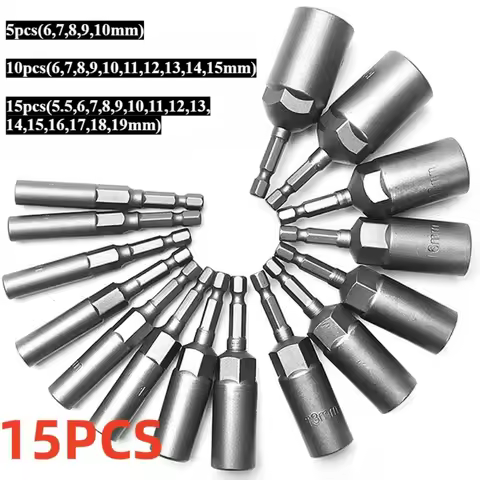 15/5Pcs 80mm Length Deepen Power Nut Driver Drill Bit Set 5.5-19MM Impact Socket Adapter For Power T