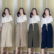 Cargo Midi Skirt 7/8 Slit Front Rear Linen Fit to L