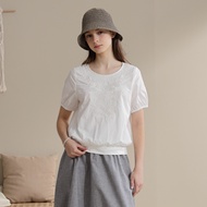 [CUMAR] Cotton Embroidered Pattern Puff Sleeve Top White Card