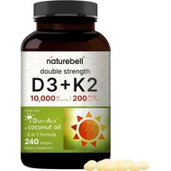 NatureBell Vitamin D3 10,000IU+K2 200mcg, 240 Softgels | DailyFormulawithCoconutOil | Heart&Immune S