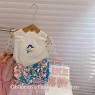 [Two-Piece Set] Children's Clothing Girls Cute Mermaid Cartoon Top+Sequined Fishtail Skirt Girls Sui