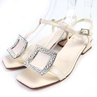 成色極佳 △ROGER VIVIER Roger Vivier 鑲鑽踝帶方頭皮涼鞋 象牙色 37碼 帶鞋盒 義大利製造 女款