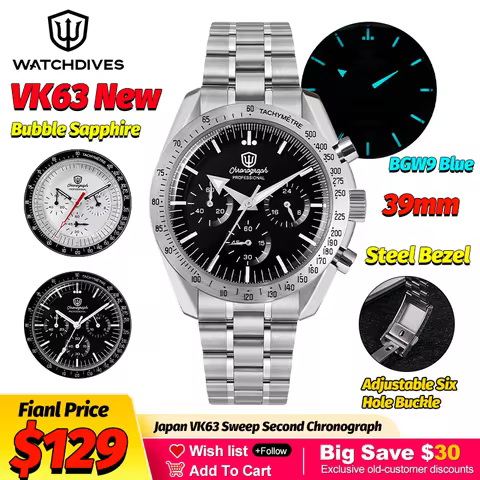 Watchdives WD1863 Mechanical Quartz Watches Black Spaces VK63 Chronograph Sports Watches Man Bubble 