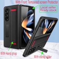 For SAMSUNG GALAXY Z FOLD 5 FOLD5 Leather Phone Case Build-in Stand Holder With Hand Strap &amp; Front Screen Tempered Glass