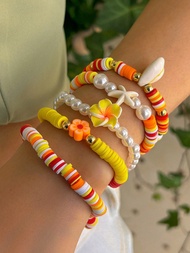 5pcs/Set Fashionable Multi-Element Starfish & Seashell Decor Colorful Polymer Clay Bracelet, Vintage