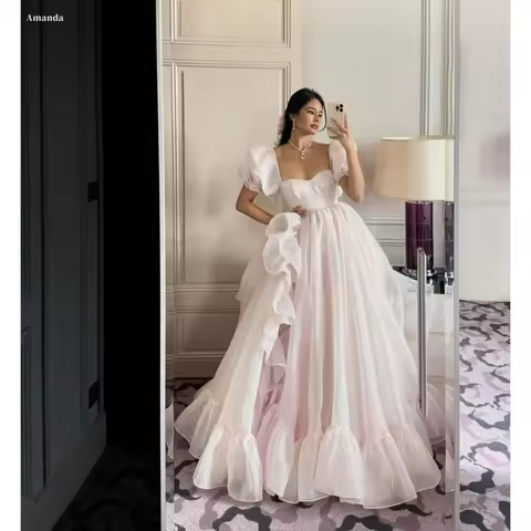 Amanda Customized Pink Strapless Square Collar Prom Dresses A-line Organza vestidos de noche Floor-L