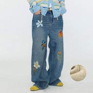 加絨牛仔褲男款直筒褲 冬季花卉刺繡褲子