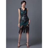 1920s Flapper Dress Great Gatsby Dress V-Neck Cap Sleeve Sequin Fringe Party Midi Dress Vestido De Verano Summer Women Dress