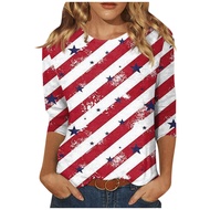 4Th of July Top Tunic Tops with 3/4 Sleeves American Flag Clothing for Women Crewneck Loose Shirts G