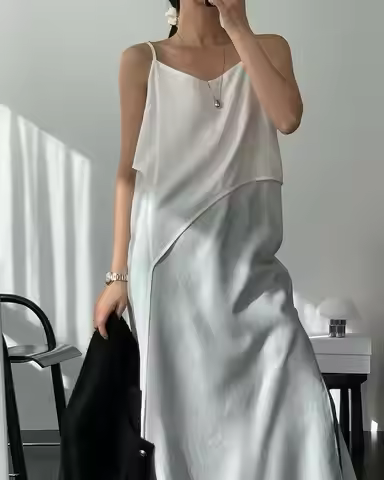 2Colors French Elegant Asymmetrical Dress Women's Summer 2026 Vest White Sleeveless strap Dresses fe