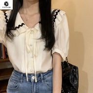 【40-100kg M-5XL] fat bigsize oversize  shirt娃娃领衬衫女特大码胖mm300斤夏季韩版宽松系带小众别致上衣ins潮 大碼女裝上衣