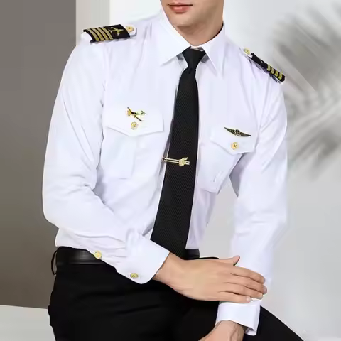 Spring Aviation Captain Shirt White Pilot Uniform Men Blouse Long Sleeve Work