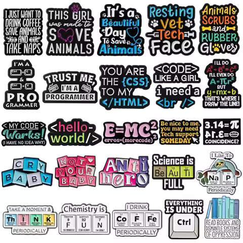 Creative Code Enamel Brooch Programmer Keyboard Chemistry Periodic Table Coffee Book E=MC Letters Me