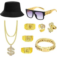 80s 90s Men Women Raptor Costume Hip Hop Costume Accessories Halloween Fake Costume Gold Chain Sungl