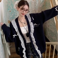 Women's loose cardigan with ruffles, cute Korean style for going to school and going out