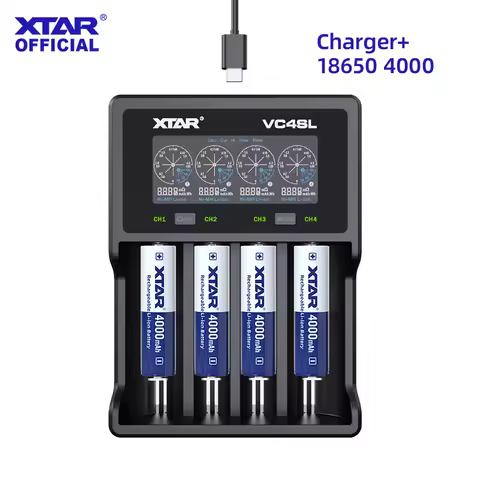 XTAR 4 x 18650 4000mAh or 21700 6000mAh Batteries with VC4SL Battery Charger Combo Fast Charging & A